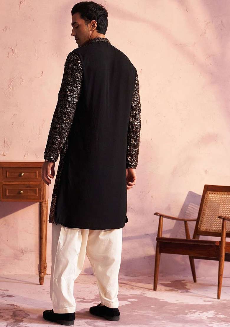 Black Ethnic Motifs Poly Blend Kurta Set For Men - Indya