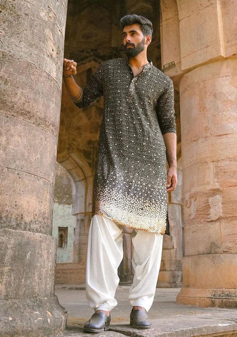 Black Ethnic Motifs Poly Blend Kurta Set For Men