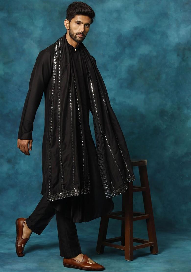 Black Mirror Work Poly Blend Kurta Set For Men