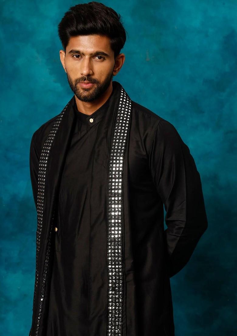 Black Mirror Work Poly Blend Kurta Set For Men