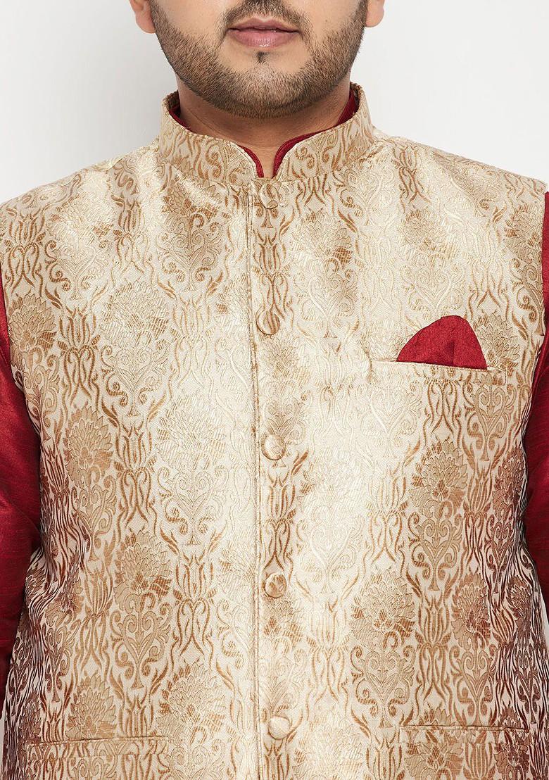Maroon Woven Poly Blend Kurta Set For Men