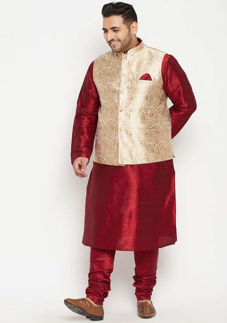 Maroon Woven Poly Blend Kurta Set For Men - Indya