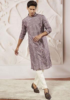 Lavender Floral Print Poly Blend Kurta Set For Men