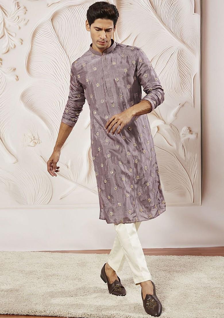 Lavender Floral Print Poly Blend Kurta Set For Men