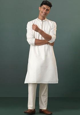White Ethnic Motifs Poly Blend Kurta Set For Men