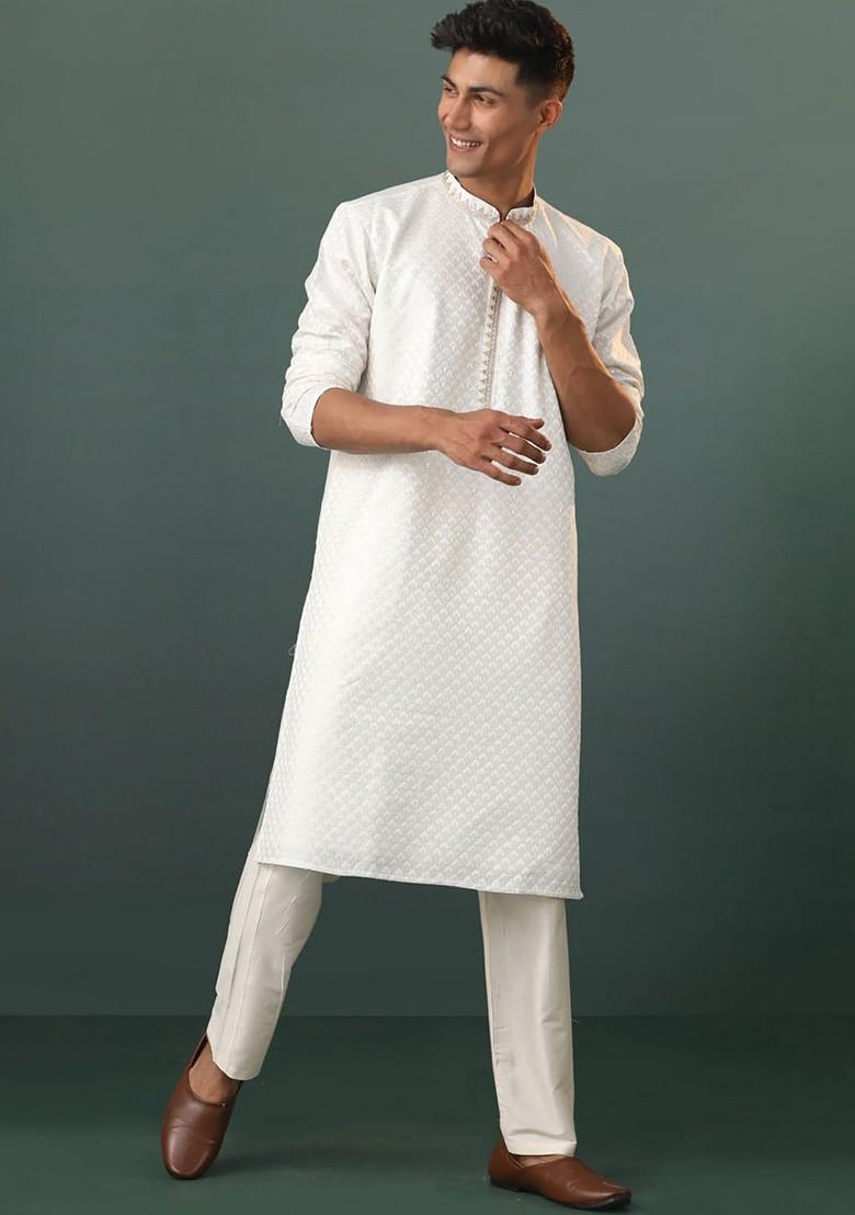 White Ethnic Motifs Poly Blend Kurta Set For Men