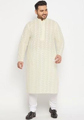 Off White Embroidered Cotton Kurta Set For Men
