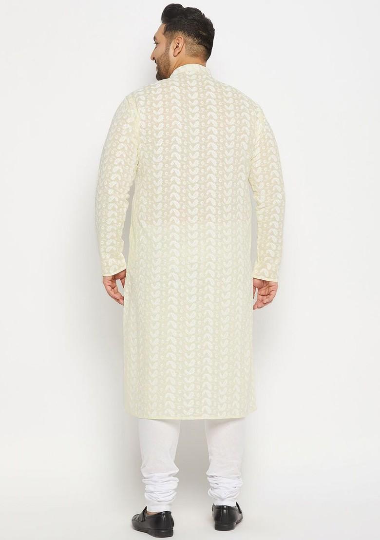 Off White Embroidered Cotton Kurta Set For Men
