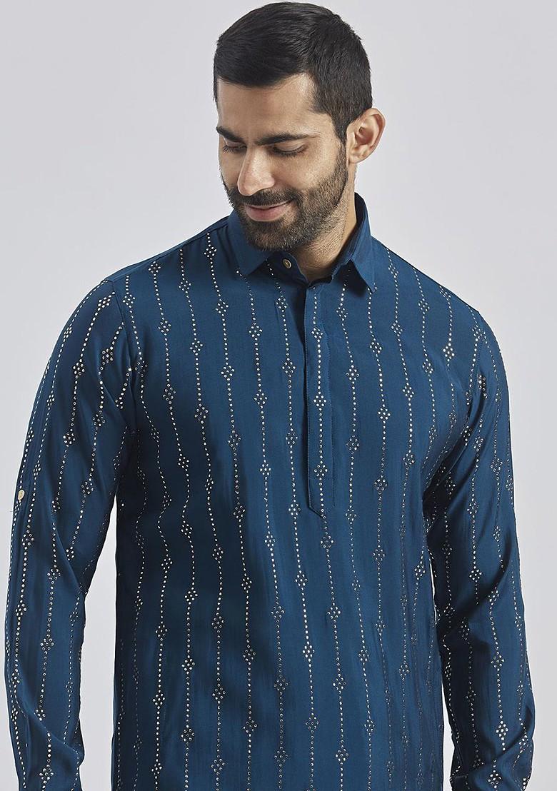 Turquoise Blue Printed Poly Blend Kurta Set For Men