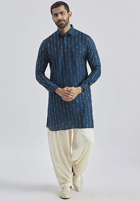 Turquoise Blue Printed Poly Blend Kurta Set For Men — view on Indya