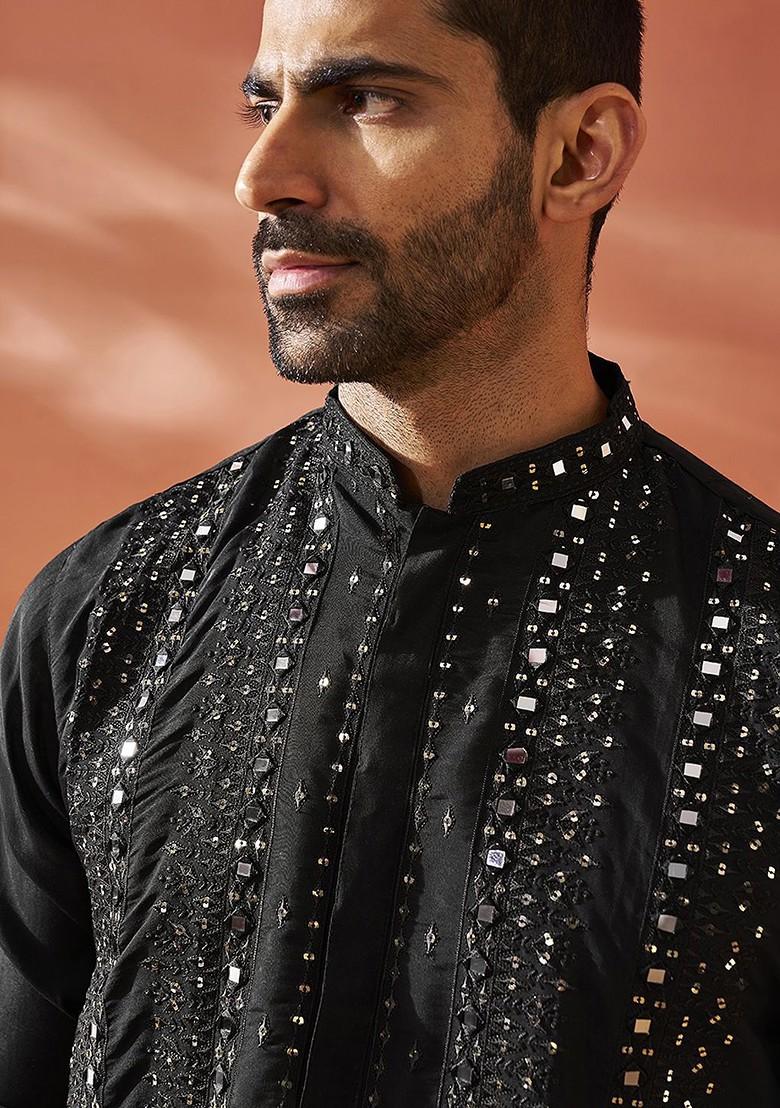 Black Floral Print Poly Blend Kurta Set For Men