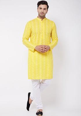 Mustard Floral Print Cotton Kurta Set For Men