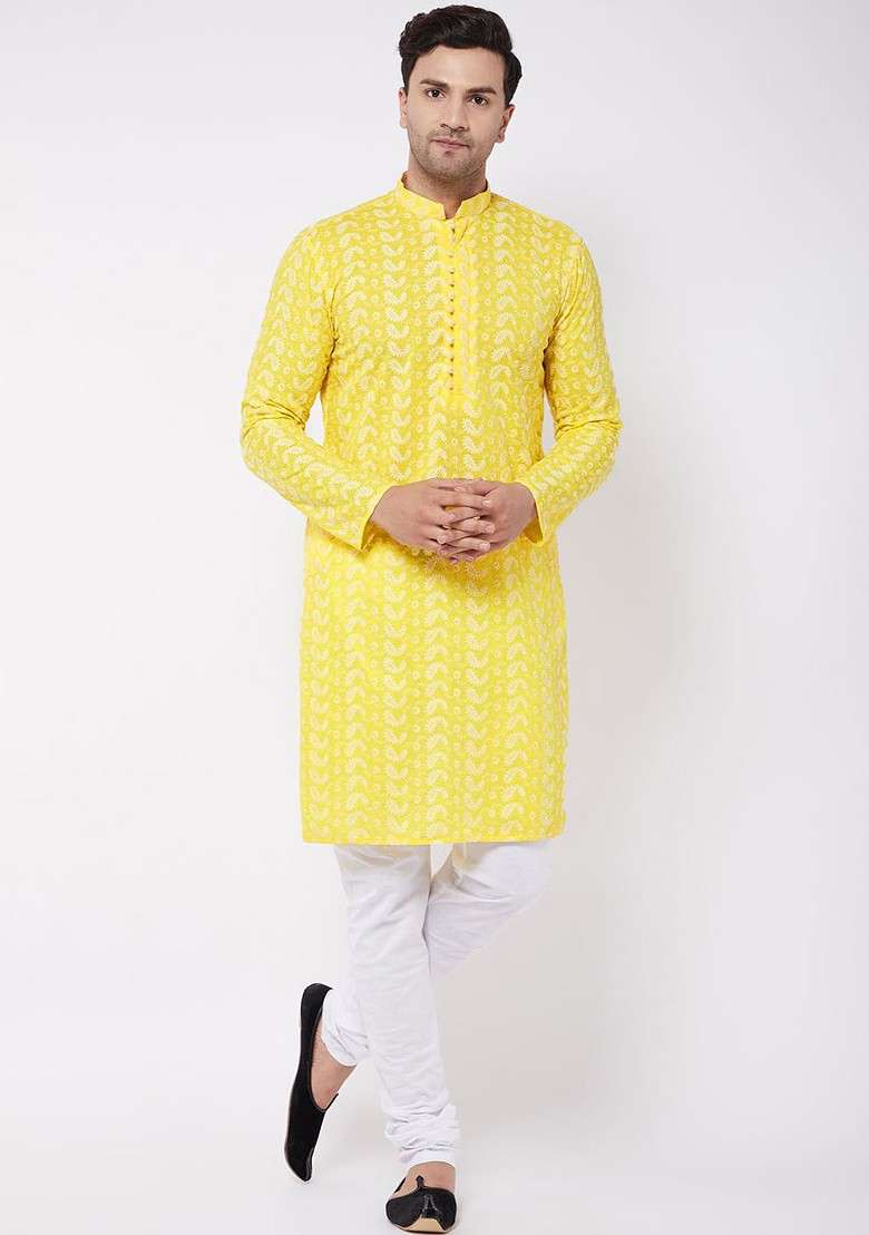 Mustard Floral Print Cotton Kurta Set For Men - Indya