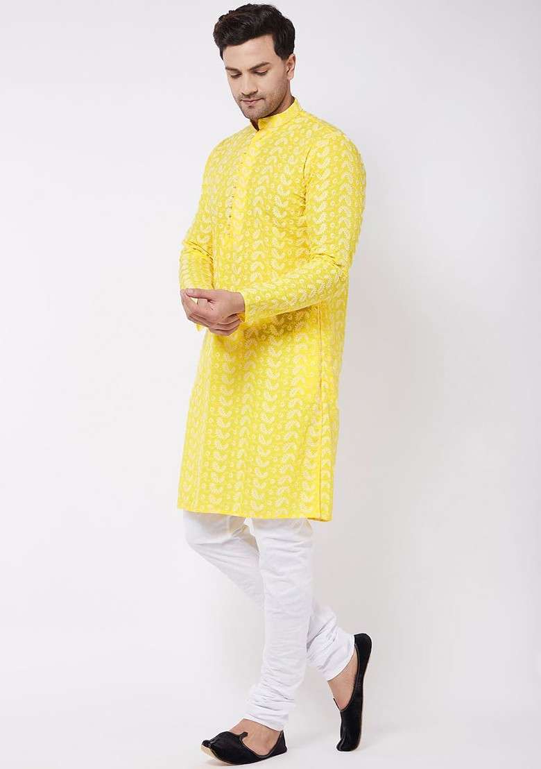 Mustard Floral Print Cotton Kurta Set For Men - Indya