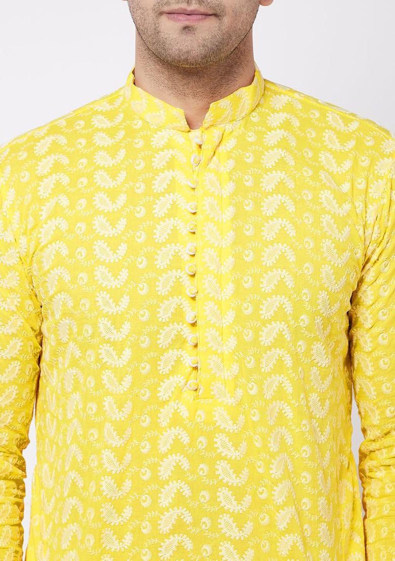 Mustard Floral Print Cotton Kurta Set For Men