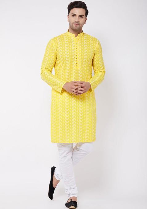 Mustard Floral Print Cotton Kurta Set For Men — view on Indya