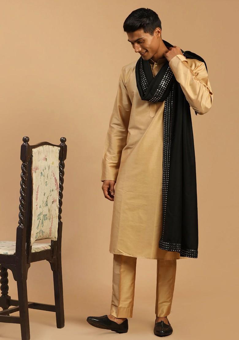 Rose Gold Mirror Work Poly Blend Kurta Set For Men