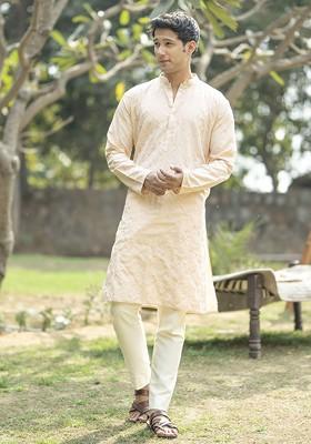 Peach Embroidered Poly Blend Kurta Set For Men