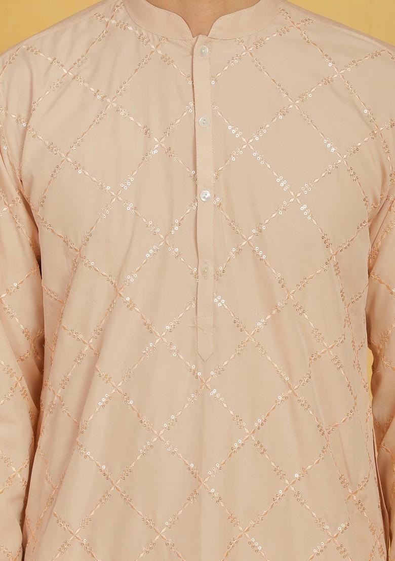 Peach Embroidered Poly Blend Kurta Set For Men
