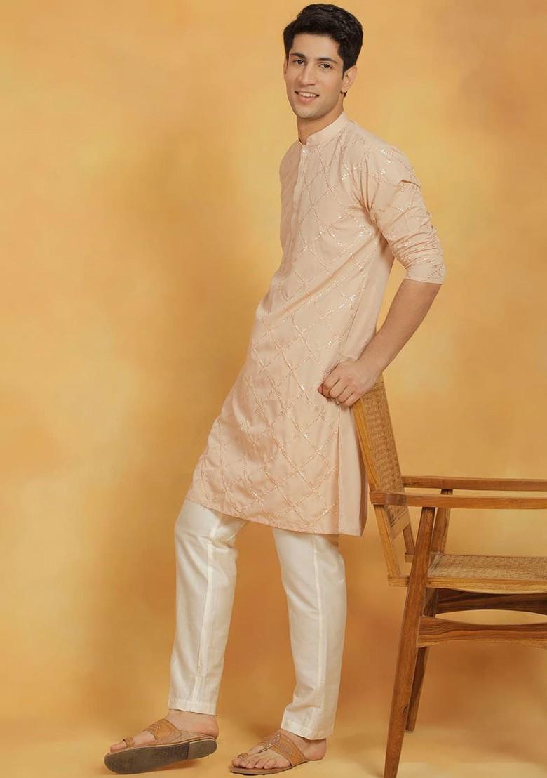 Peach Embroidered Poly Blend Kurta Set For Men