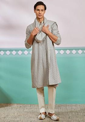 Grey Embroidered Poly Blend Kurta Set For Men