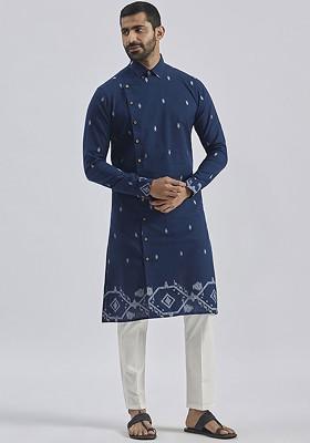 Navy Blue Floral Print Jacquard Kurta Set For Men