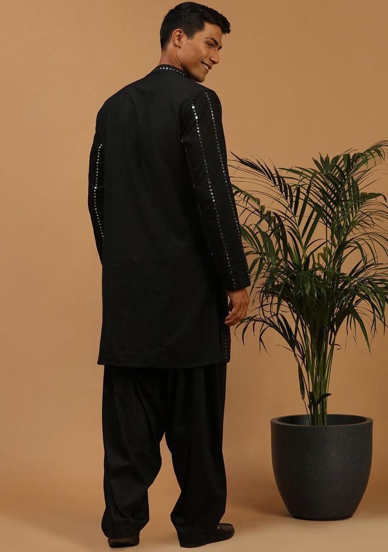 Black Embroidered Poly Blend Kurta Set For Men
