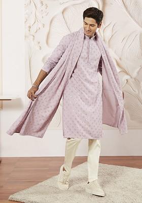 Pink Embroidered Poly Blend Kurta Set For Men
