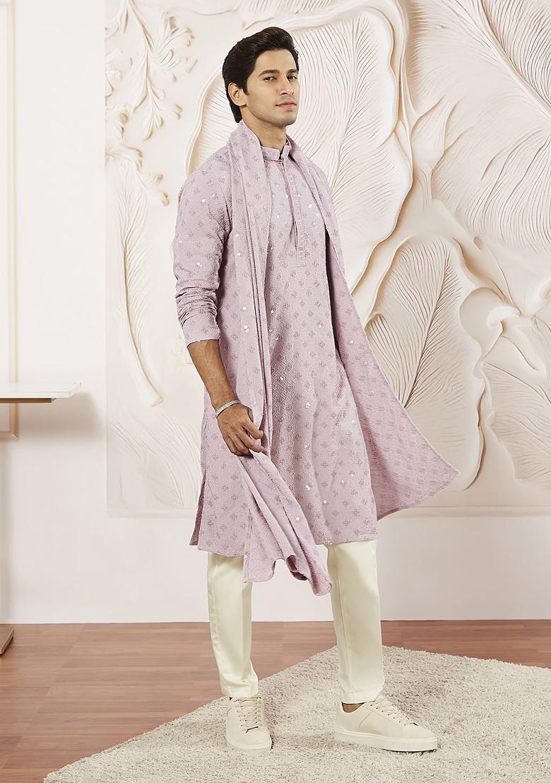 Pink Embroidered Poly Blend Kurta Set For Men