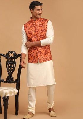 Cream Floral Print Poly Blend Kurta Set For Men