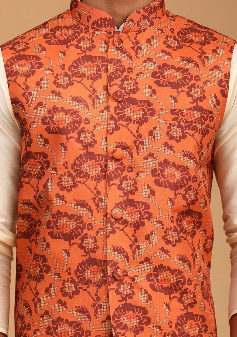 Cream Floral Print Poly Blend Kurta Set For Men