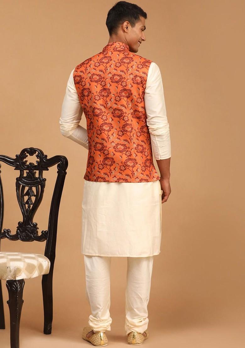 Cream Floral Print Poly Blend Kurta Set For Men