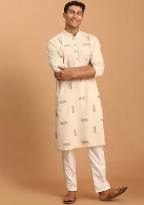 Cream Embroidered Cotton Kurta Set For Men