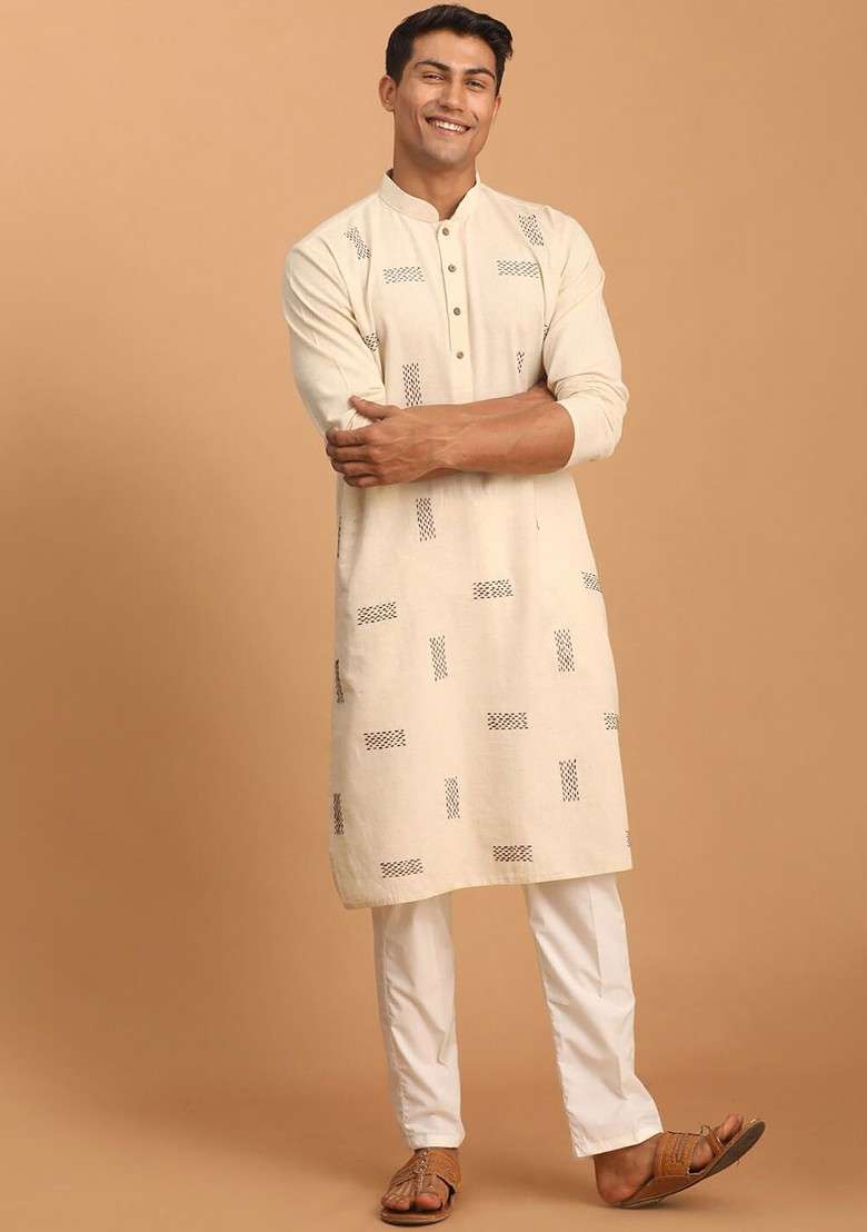 Cream Embroidered Cotton Kurta Set For Men - Indya