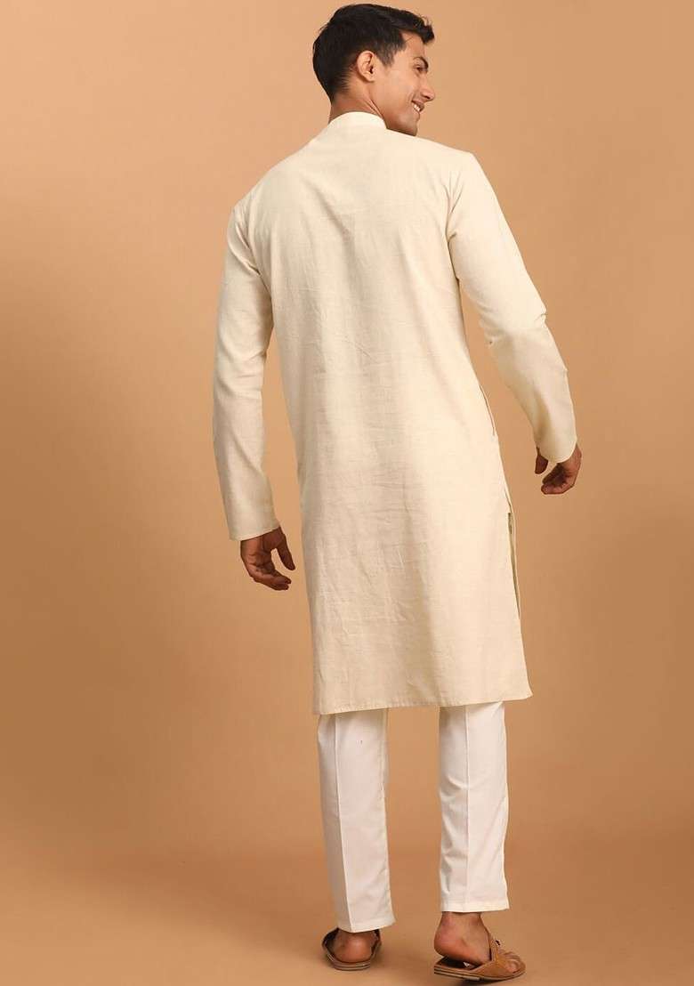 Cream Embroidered Cotton Kurta Set For Men - Indya