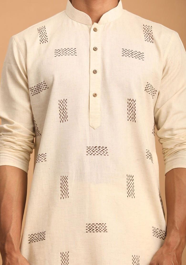 Cream Embroidered Cotton Kurta Set For Men