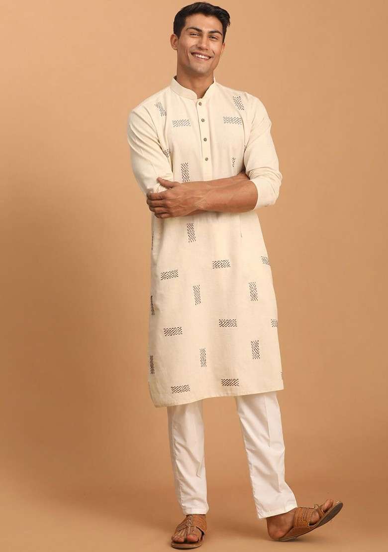 Cream Embroidered Cotton Kurta Set For Men - Indya