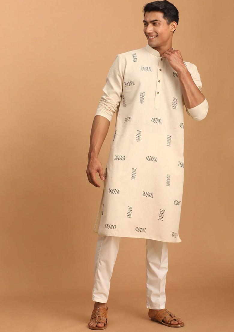 Cream Embroidered Cotton Kurta Set For Men