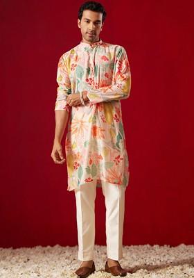 Cream Floral Print Poly Blend Kurta Set For Men