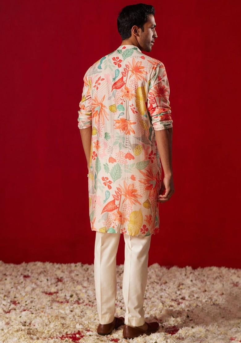 Cream Floral Print Poly Blend Kurta Set For Men