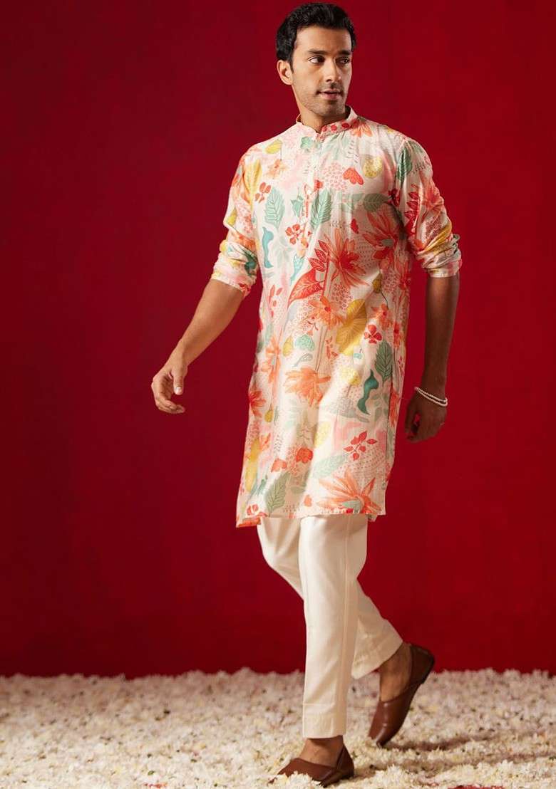 Cream Floral Print Poly Blend Kurta Set For Men - Indya