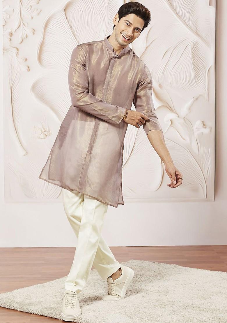 Lavender Solid Poly Blend Kurta Set For Men