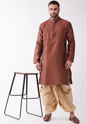 Maroon Woven Poly Blend Kurta Set For Men