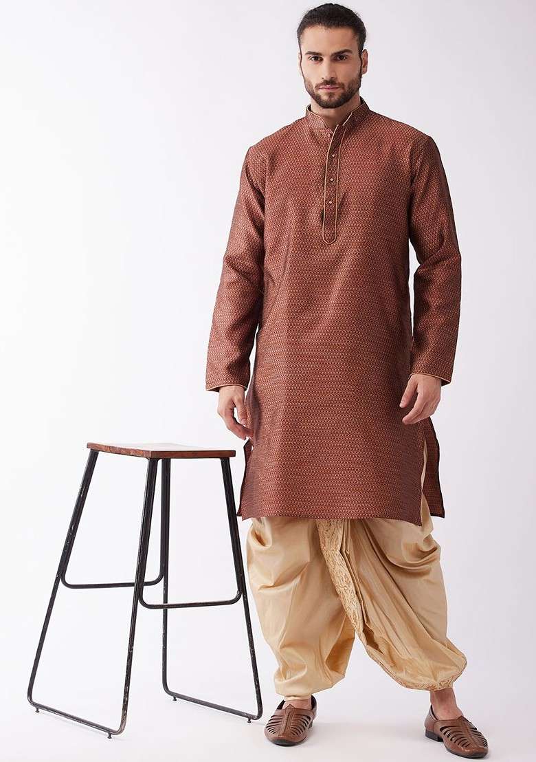 Maroon Woven Poly Blend Kurta Set For Men - Indya