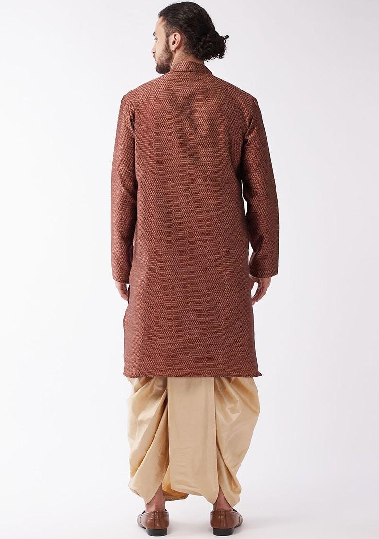 Maroon Woven Poly Blend Kurta Set For Men