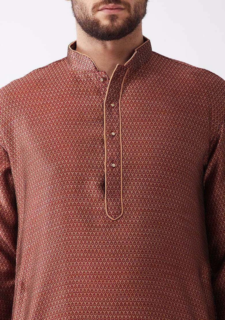 Maroon Woven Poly Blend Kurta Set For Men - Indya