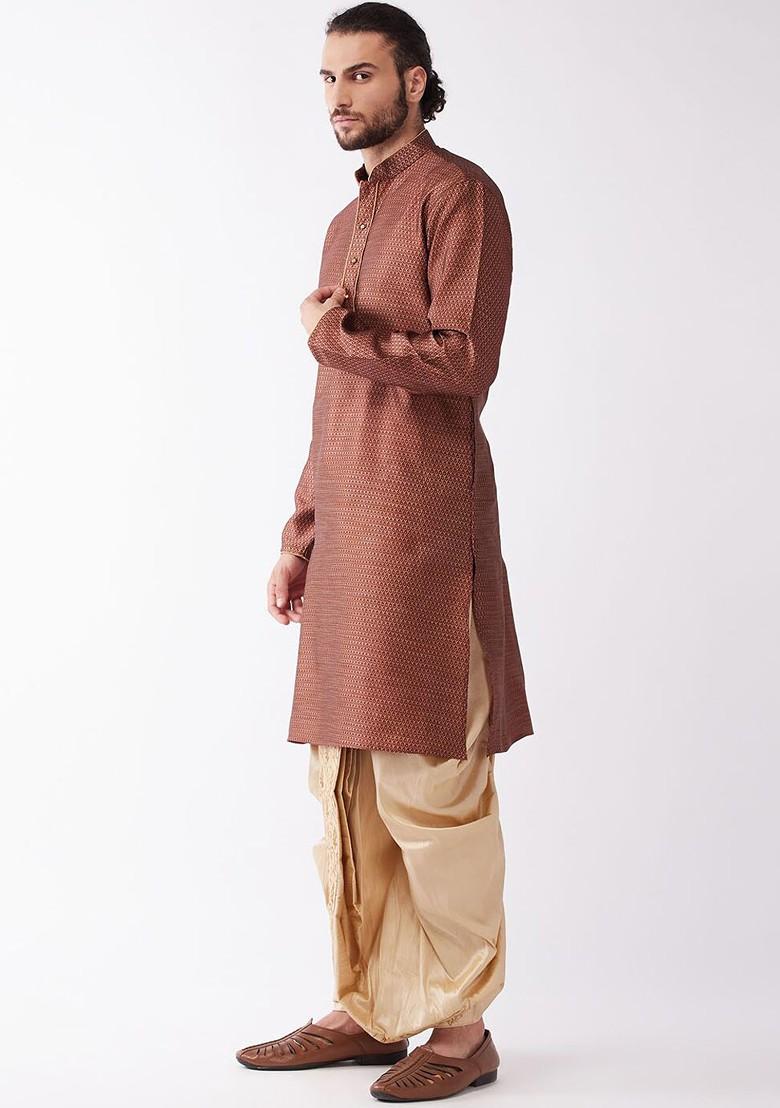 Maroon Woven Poly Blend Kurta Set For Men