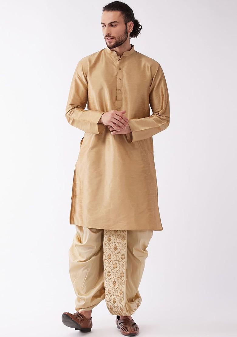 Rose Gold Solid Poly Blend Kurta Set For Men