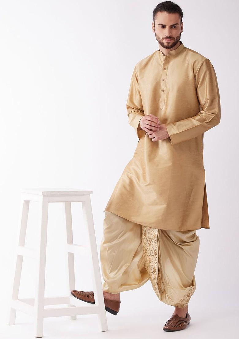 Rose Gold Solid Poly Blend Kurta Set For Men