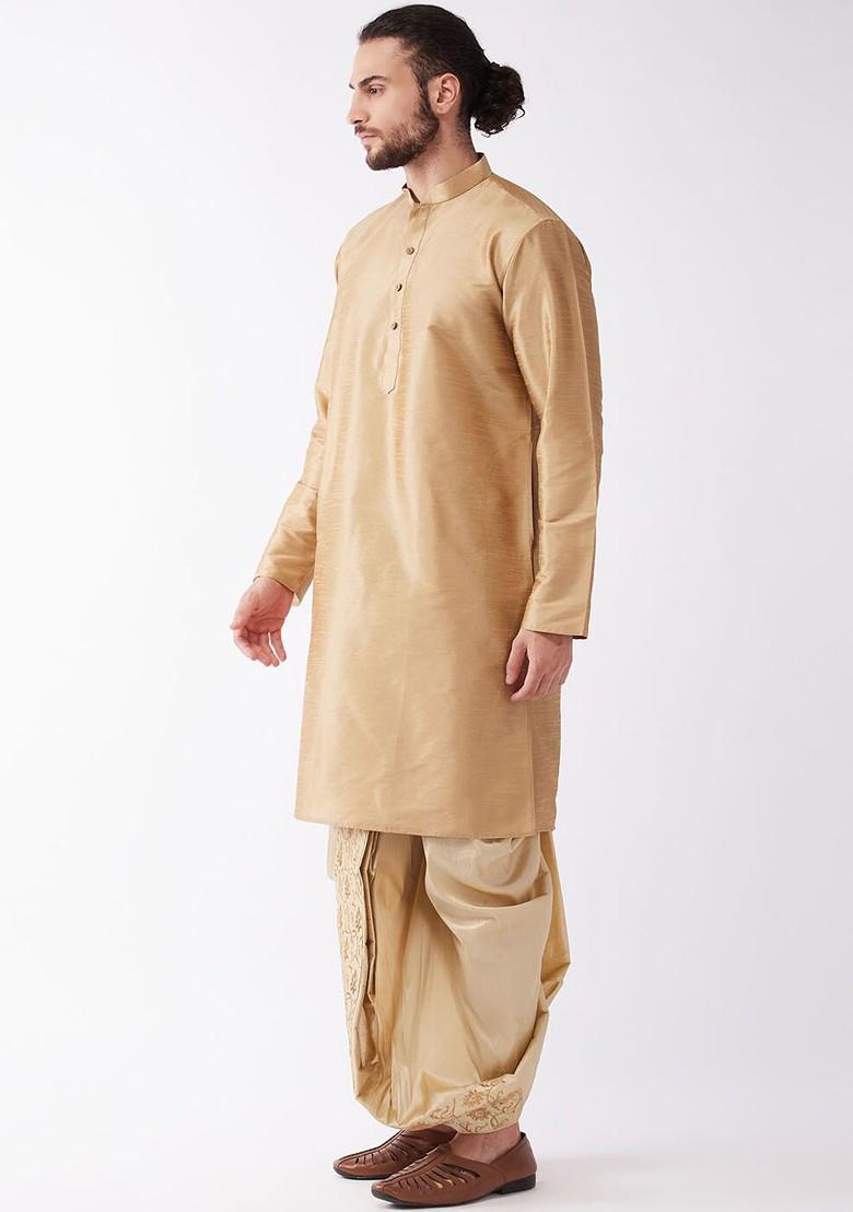 Rose Gold Solid Poly Blend Kurta Set For Men